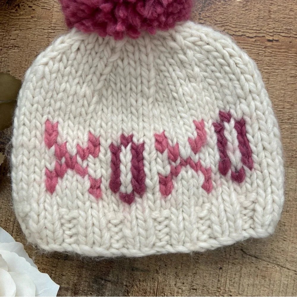 Beanie Hats (2) Hand Knit Cozy 2 HATS INFANT + Toddler Pom Pom Valentines Day
